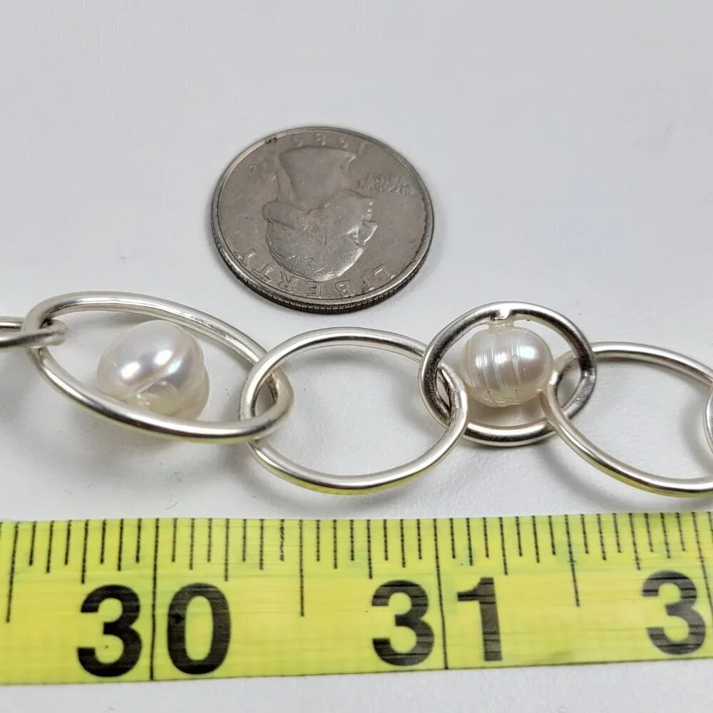 Karine Sultan Floating Pearl Necklace Silver-Tone Geometric Link 19 Inch Toggle